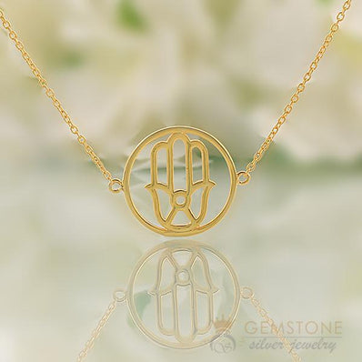 14KT YELLOW GOLD -HAND OF FATIMA GOOD KARMA CHAKRA NECKLACE - Gemstone Silver Jewelry