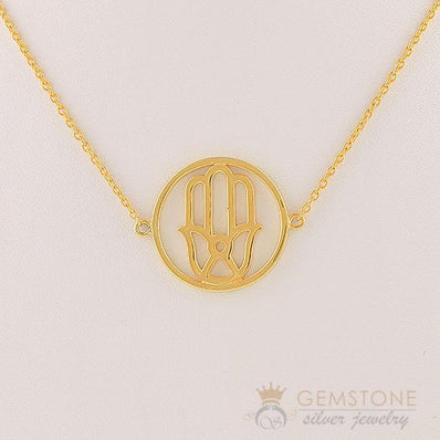 14KT YELLOW GOLD -HAND OF FATIMA GOOD KARMA CHAKRA NECKLACE - Gemstone Silver Jewelry