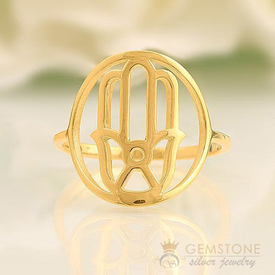 14KT YELLOW GOLD -HAND OF FATIMA GOOD KARMA CHAKRA RING - Gemstone Silver Jewelry