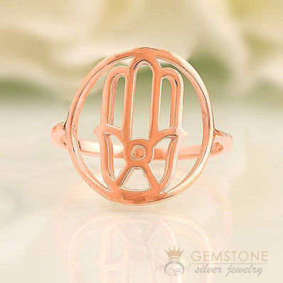 14KT ROSE GOLD -HAND OF FATIMA GOOD KARMA CHAKRA RING - Gemstone Silver Jewelry
