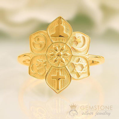 14KT YELLOW GOLD -COEXIST GOOD KARMA CHAKRA RING - Gemstone Silver Jewelry