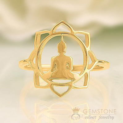 14KT YELLOW GOLD -BUDDHA GOOD KARMA CHAKRA RING - Gemstone Silver Jewelry