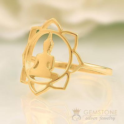 14KT YELLOW GOLD -BUDDHA GOOD KARMA CHAKRA RING - Gemstone Silver Jewelry