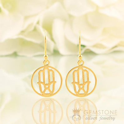14KT YELLOW GOLD -HAND OF FATIMA GOOD KARMA CHAKRA EARRING - Gemstone Silver Jewelry