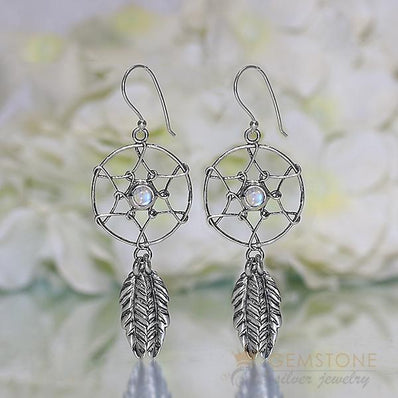Moonstone Earring- Feather Dreams - Gemstone Silver Jewelry