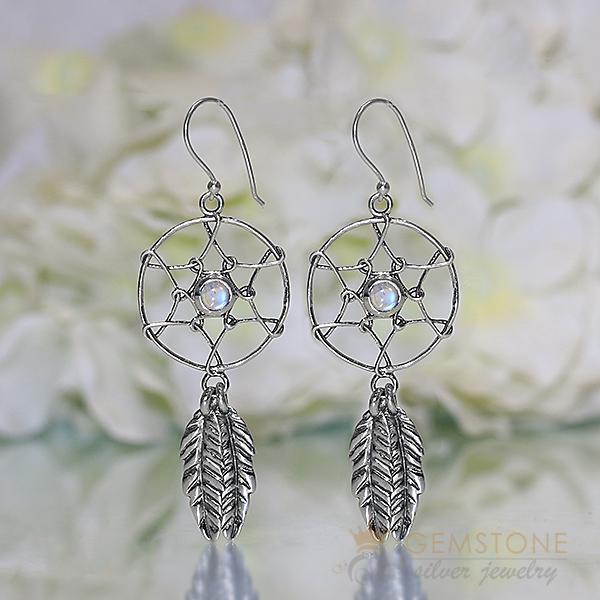 Moonstone Earring- Feather Dreams - Gemstone Silver Jewelry