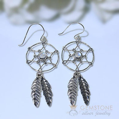 Moonstone Earring- Feather Dreams - Gemstone Silver Jewelry