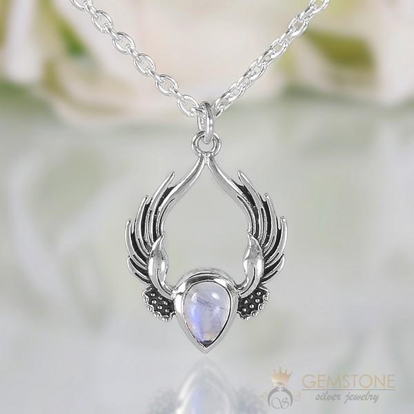Moonstone Necklace-Festival Feather - Gemstone Silver Jewelry